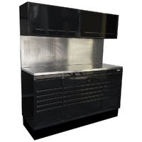 MAXIM 72” Black Workstation with 16 Drawers, Peg board, 2 x Cabinets - Heavy Duty Stationary Work Area with Massive Tool Stor 