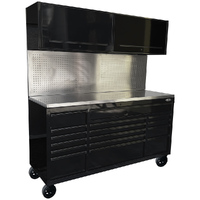 MAXIM 72” Black Workstation with 16 Drawers, Peg Board, 2 x Cabinets on Wheels Heavy Duty Rolling Work Area with Massive Stor 