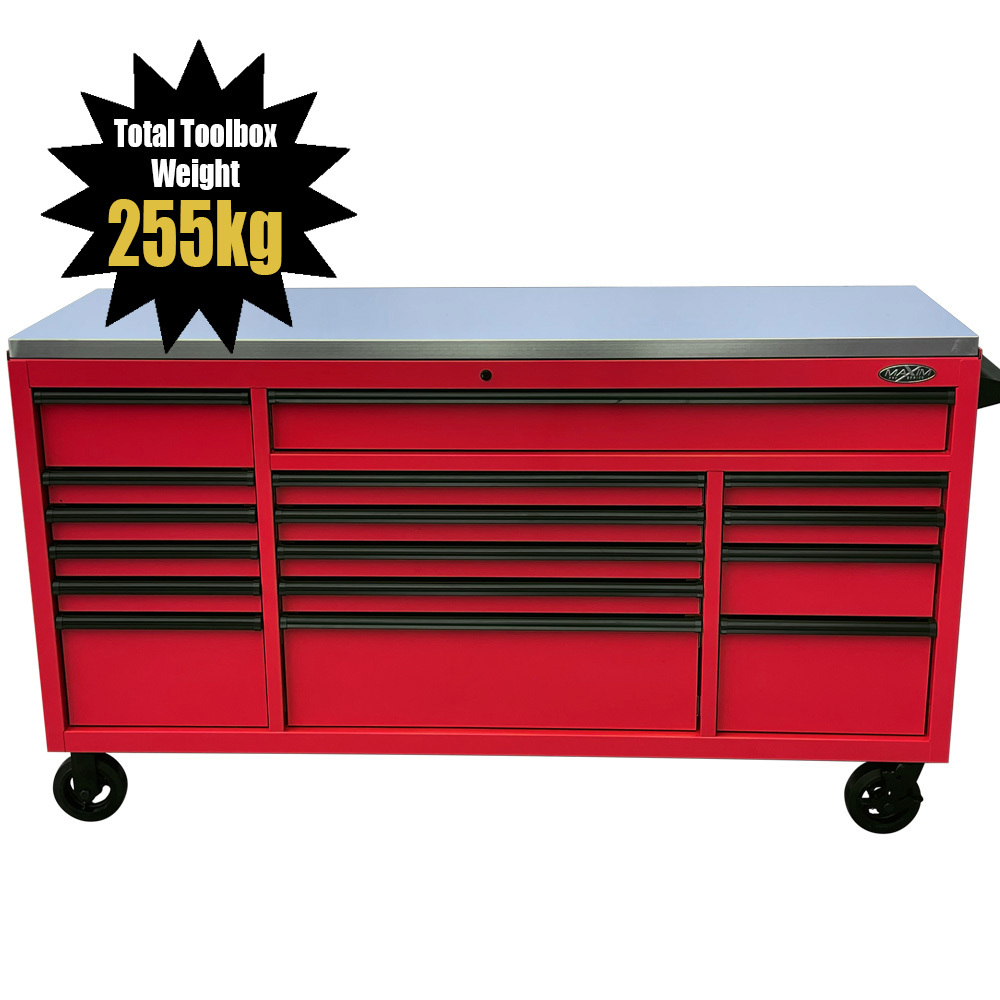 MAXIM 72” Red Roll Cabinet Toolbox with 16 Drawers & Stainless Top -  Professional Mechanic Tool Box
