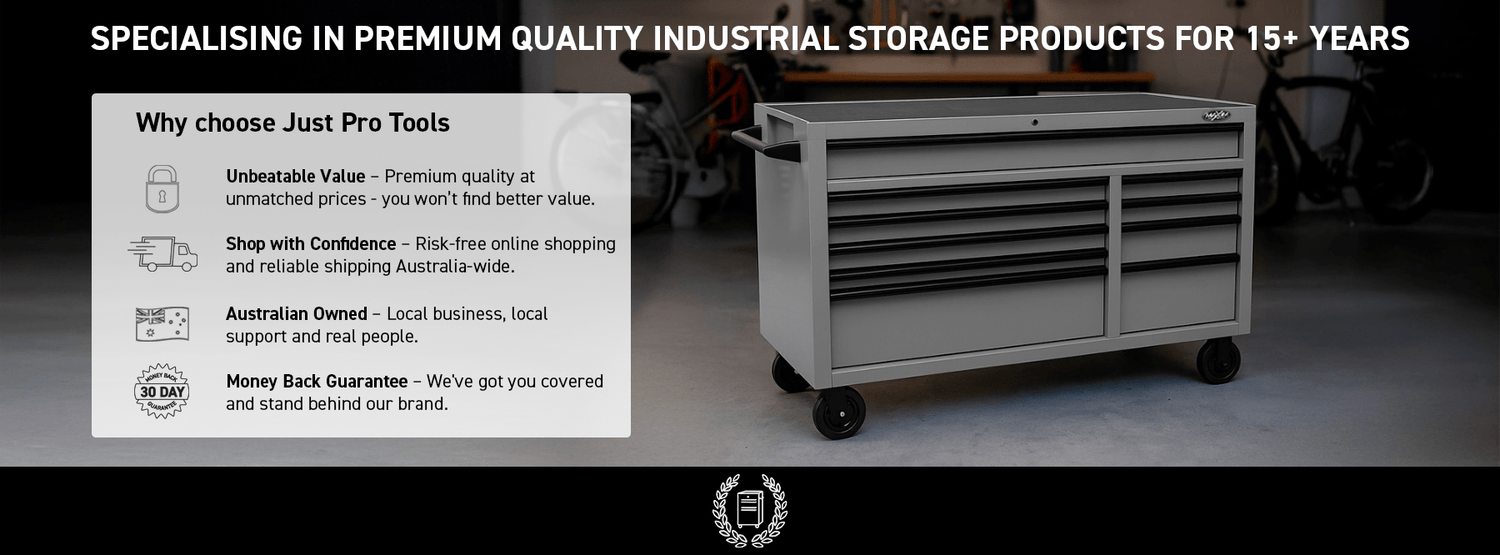 Tool chest with promotional text about Just Pro Tools' services on a dark background
