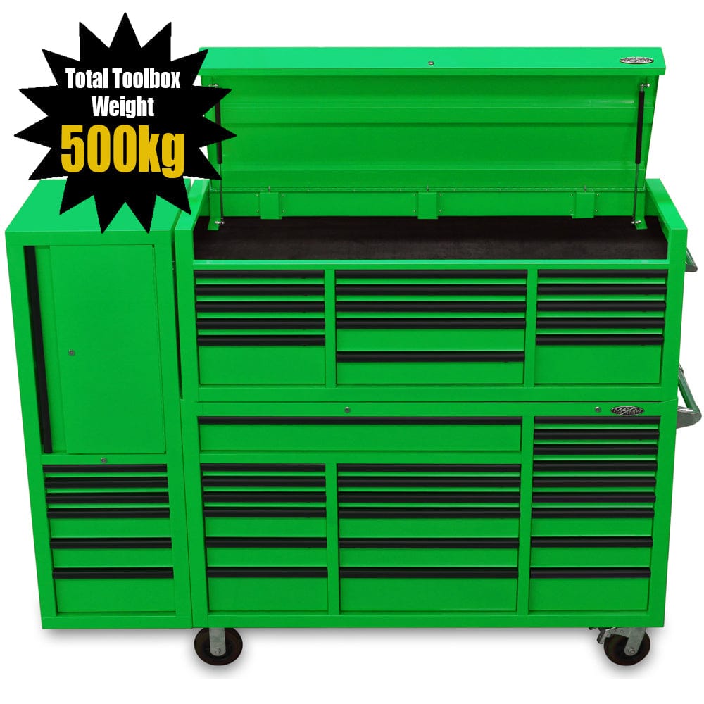 HaverfordJPT 60” Combo - 60” Roll cabinet, 60” Top chest, 20” Side locker MAXIM 80” Green 43 Drawer Top Chest & Roll Cabinet Toolbox - Latch Lock on Drawers