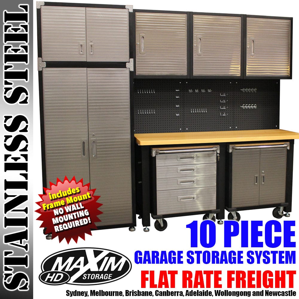 Maxim HD GS - 10 piece MAXIM 10 Piece Garage Storage System+ Mounting Kit - Workbench, Upright Cabinet & Extensions