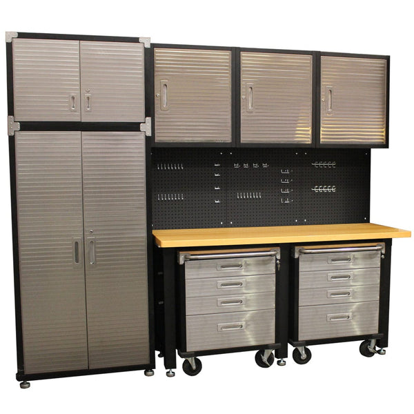 Maxim HD GS - 10 piece Timber Top MAXIM 10 Piece Garage Storage System+ Mounting Kit - Workbench, Upright Cabinet, Extension, 4 Drawer Roll Cabinets