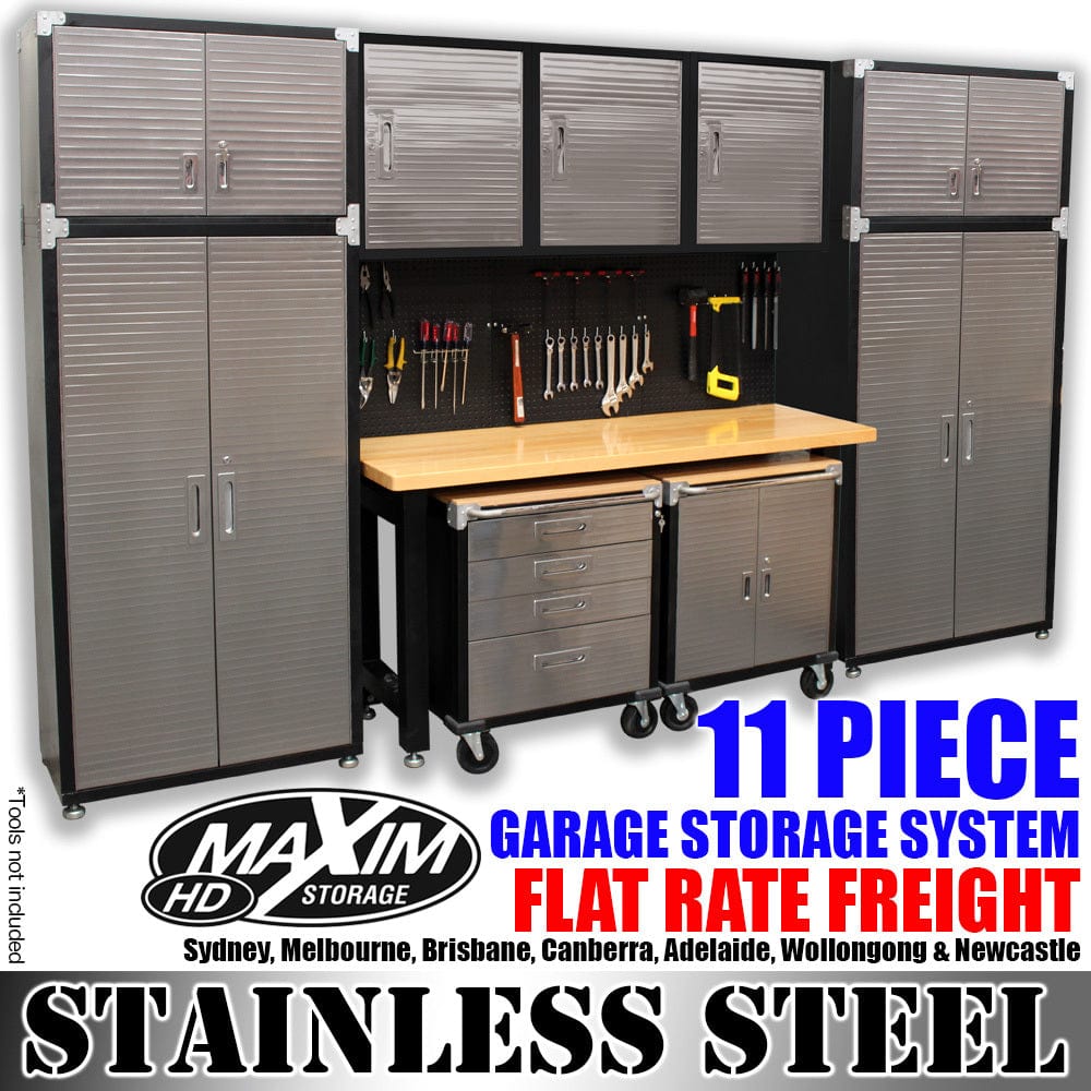 Maxim HD GS - 11 piece MAXIM 11 Piece Garage Storage System Wall Mounted - Workbench, Tall Upright Storage Cabinet, Rolling Cabinets