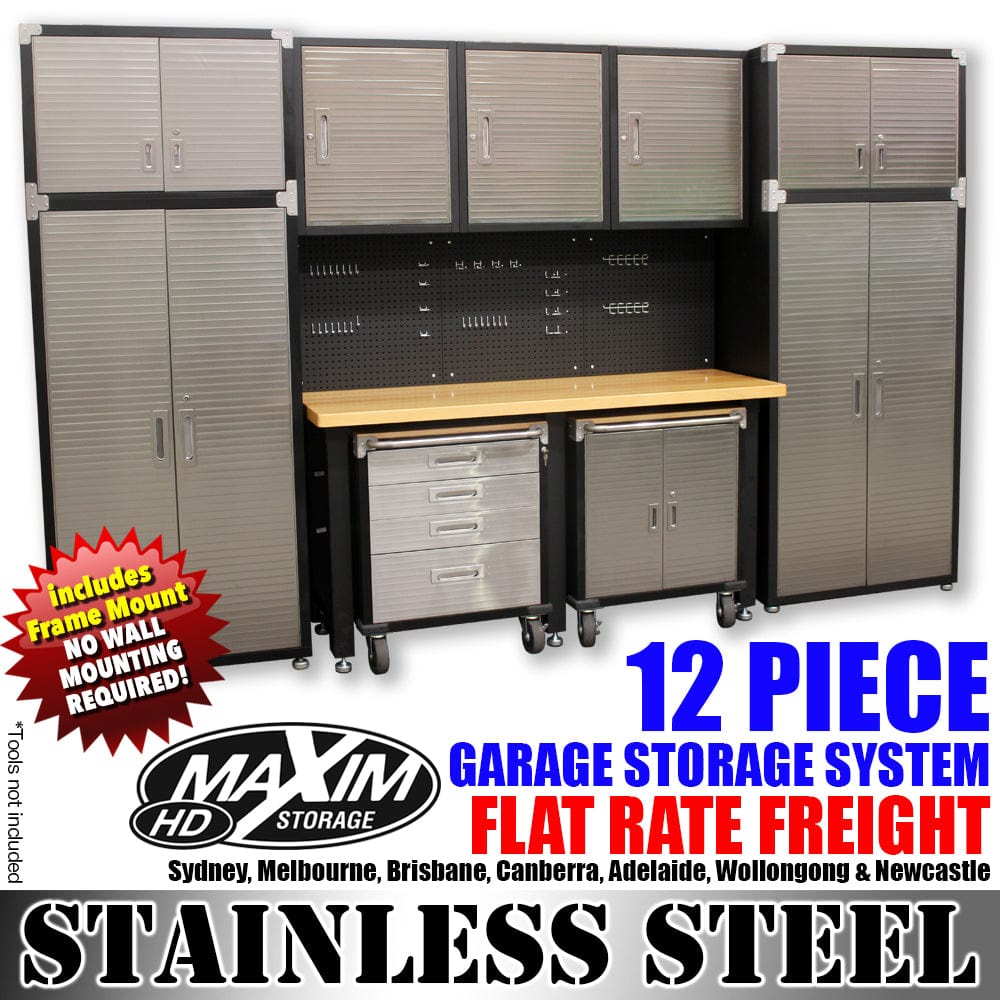 Maxim HD GS - 12 piece MAXIM 12 Piece Garage Storage System & Mounting Kit - Top Workbench, Tall Upright Storage Cabinet, Rolling Cabinets