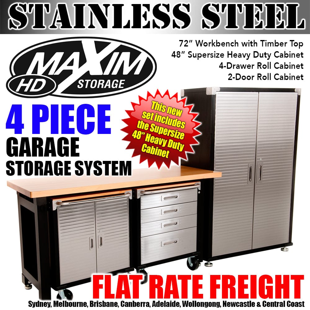 Maxim HD GS - 4 piece MAXIM HD 4 Piece Supersize Garage Storage System with Timber Workbench and Steel Upright Cabinet