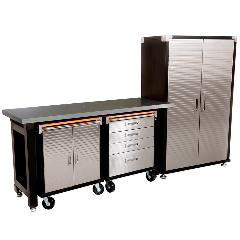 Maxim HD GS - 4 piece Stainless Steel Top MAXIM HD 4 Piece Supersize Garage Storage System with Timber Workbench and Steel Upright Cabinet