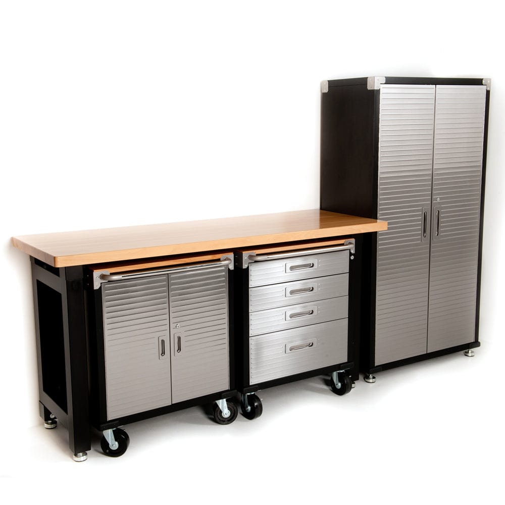 Maxim HD GS - 4 piece Timber Top MAXIM HD 4 Piece Standard Garage Storage System Timber Workbench and Steel Upright Cabinet
