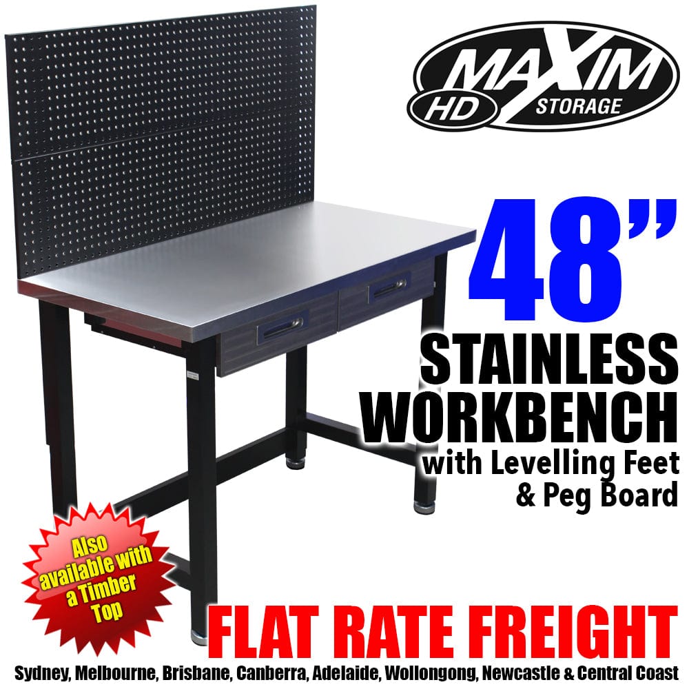 Maxim HD GS - 48" Workbench MAXIM HD 48 inch Stainless Top Workbench with Peg Board