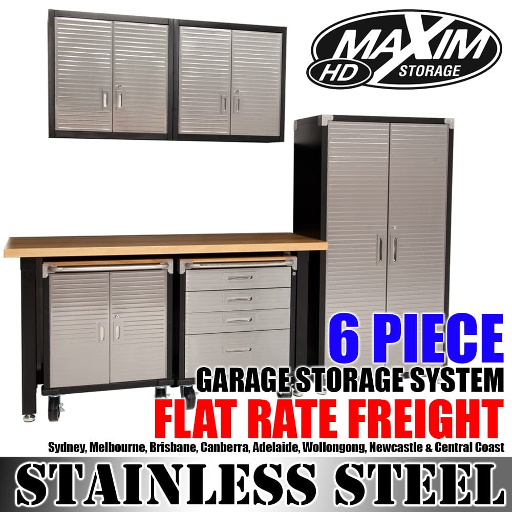 Maxim HD GS - 6 piece MAXIM HD 6 Piece Standard Garage Storage System Workbench, Steel Upright Cabinet and Overhead Hanging Wall Cabinets