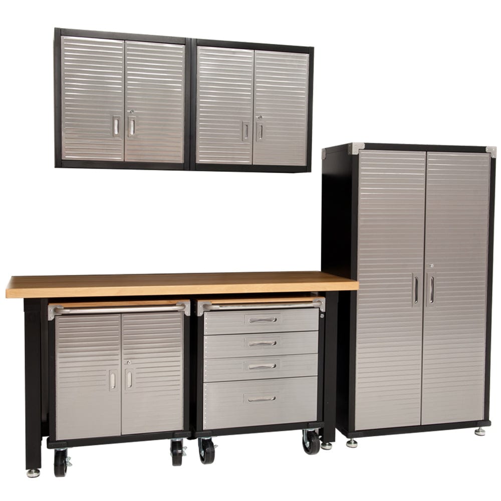 Maxim HD GS - 6 piece Timber Top MAXIM HD 6 Piece Standard Garage Storage System Workbench, Steel Upright Cabinet and Overhead Hanging Wall Cabinets