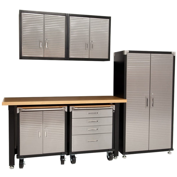 Maxim HD GS - 6 piece Timber Top MAXIM HD 6 Piece Standard Garage Storage System Workbench, Steel Upright Cabinet and Overhead Hanging Wall Cabinets