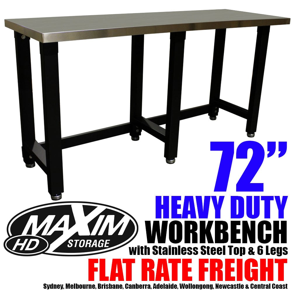 Maxim HD GS - 72" Workbench MAXIM HD 72 inch Stainless Steel Top Workbench Garage Work Bench Top Table Surface 6 Legs