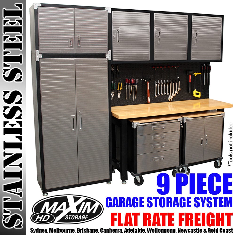 Maxim HD GS - 9 piece MAXIM 9 Piece Garage Storage System Wall Mounted - Workbench, Upright Cabinets, Extension & Roll Cabinets