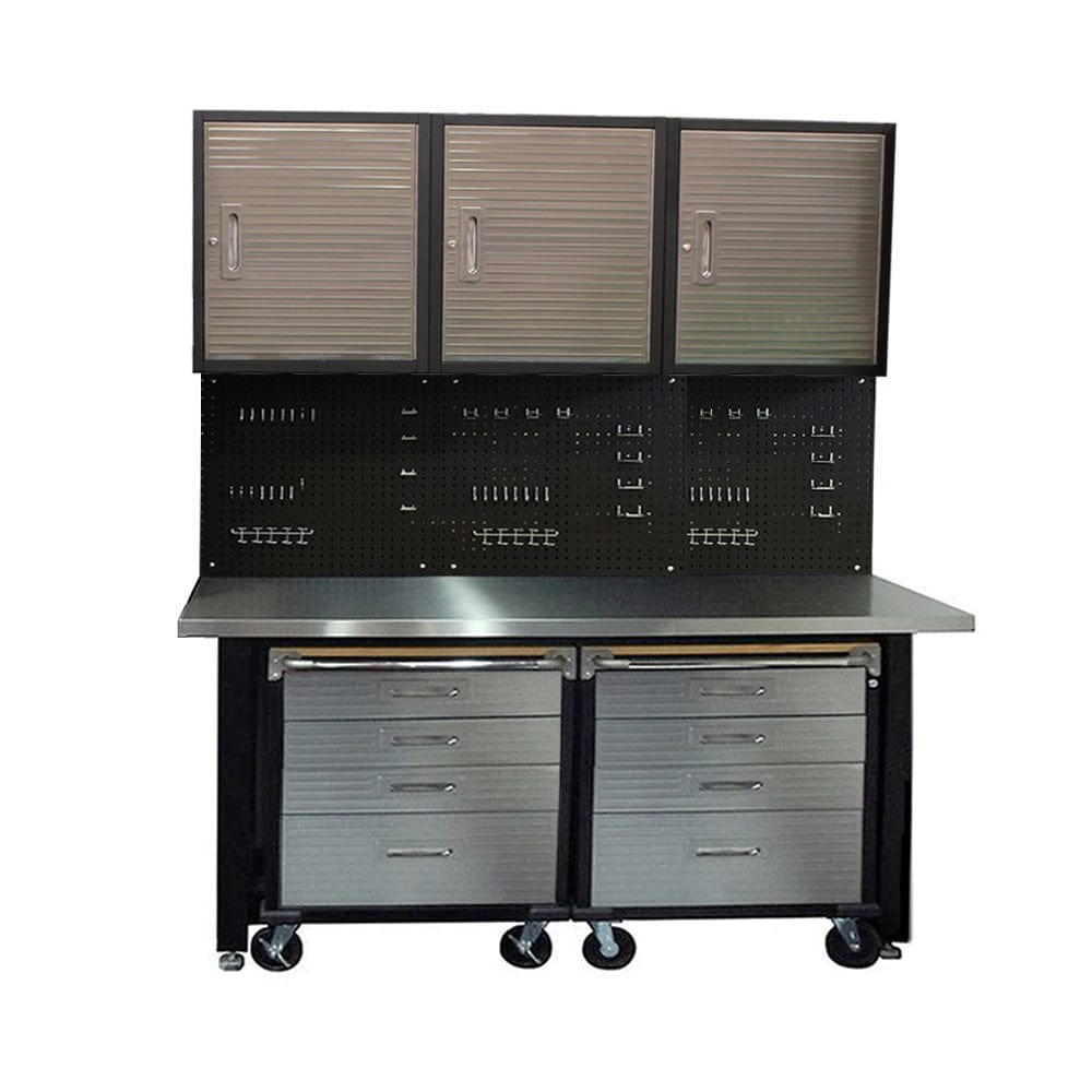 Maxim HD GS - 9 piece Stainless Steel Top MAXIM 8 Piece Garage Storage System & Mounting Kit - Workbench, Peg Board & Roll Cabinets