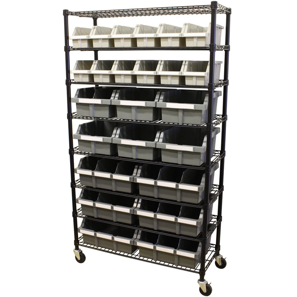 MAXIM Commercial Bin Rack Bin Rack with 24 Grey Bins Wheels Mobile Rac ...