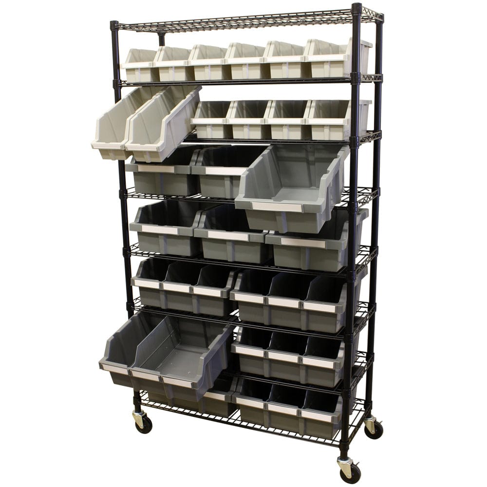 Maxim HD GS - Shelf with drawers MAXIM Commercial Bin Rack Bin Rack with 24 Grey Bins Wheels Mobile Racking