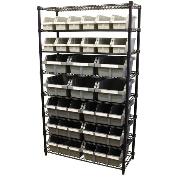 Maxim HD GS - Shelf with drawers MAXIM HD 8 Shelf Commercial Bin Rack System with 24 Grey Bins Levelling Feet