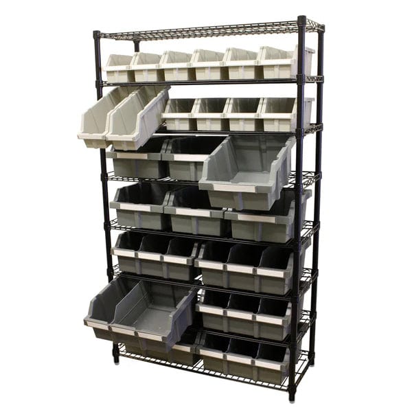 Maxim HD GS - Shelf with drawers MAXIM HD 8 Shelf Commercial Bin Rack System with 24 Grey Bins Levelling Feet