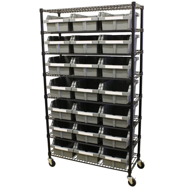 Maxim HD GS - Shelf with drawers MAXIM HD 8 Shelf Commercial Bin Rack with 21 Grey Bins Wheels Mobile Racking