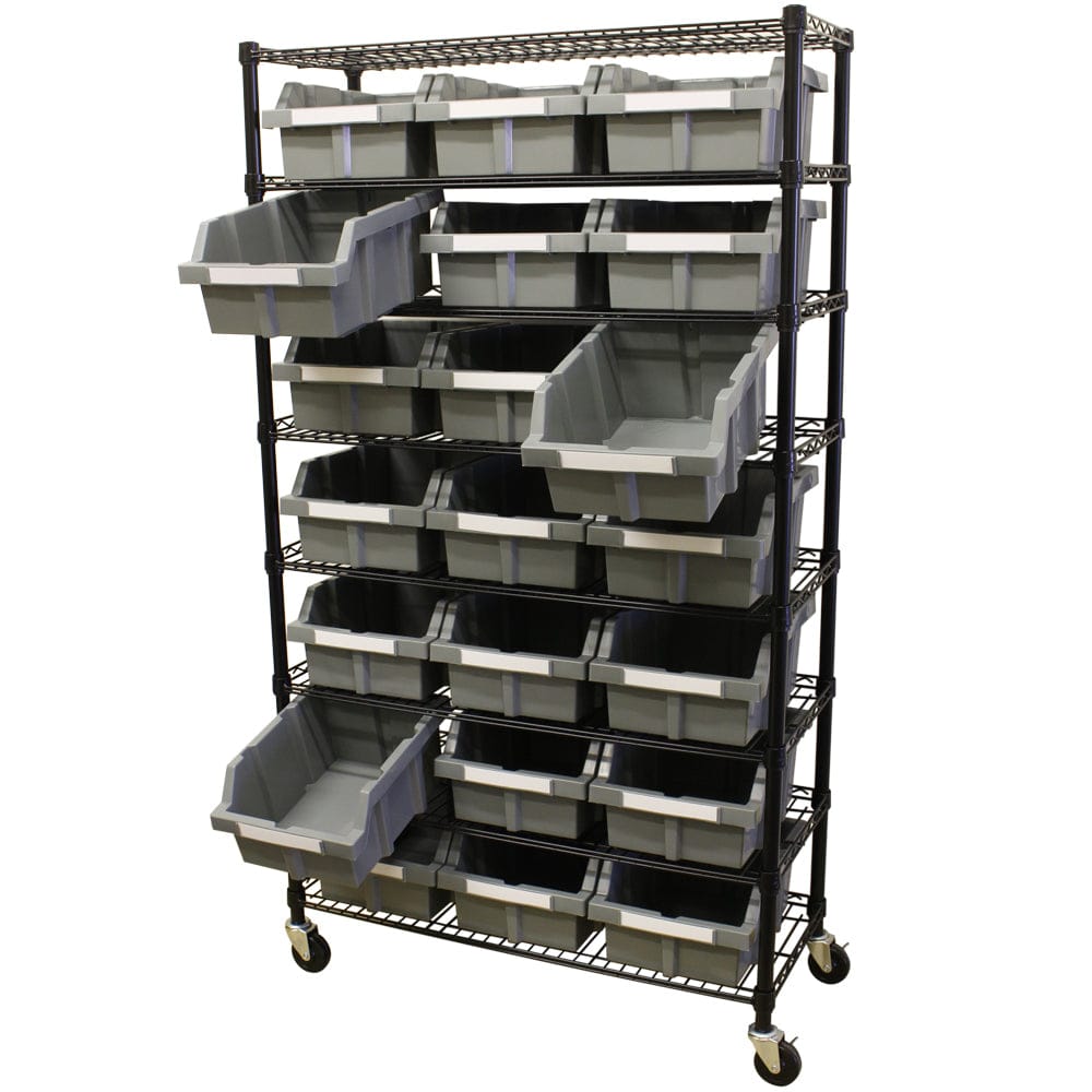 Maxim HD GS - Shelf with drawers MAXIM HD 8 Shelf Commercial Bin Rack with 21 Grey Bins Wheels Mobile Racking