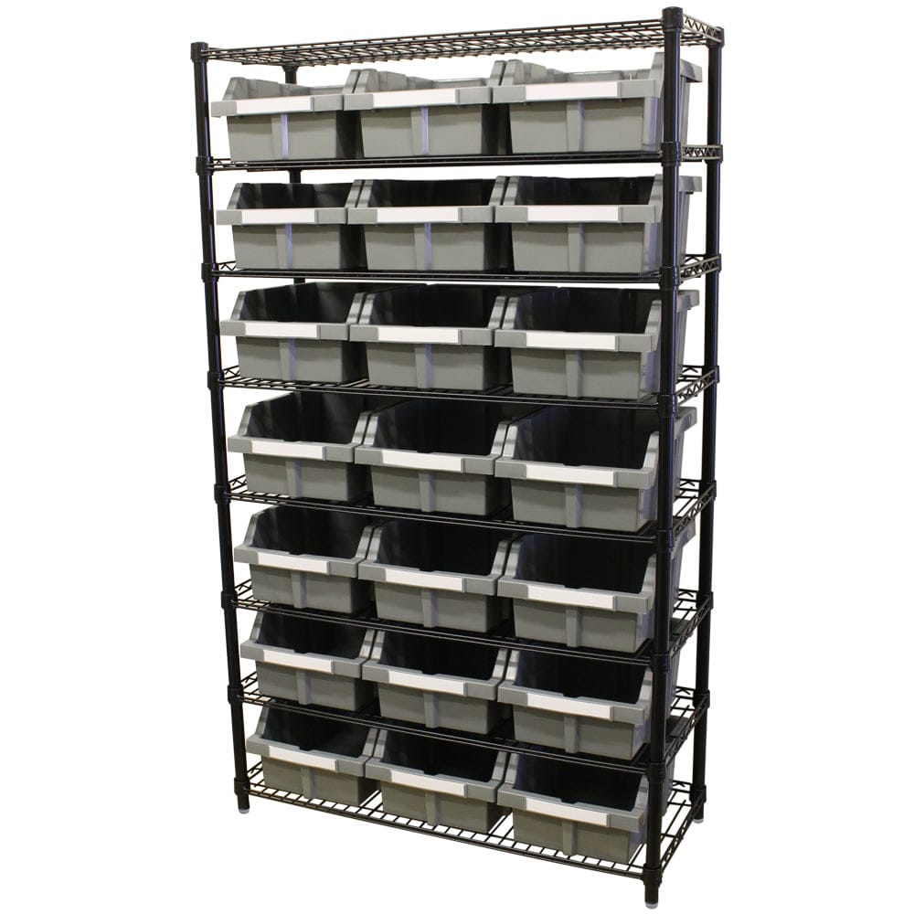 Maxim HD GS - Shelf with drawers MAXIM HD 8 Shelf Commercial Bin Rack with 21 Grey Bins with Levelling Feet