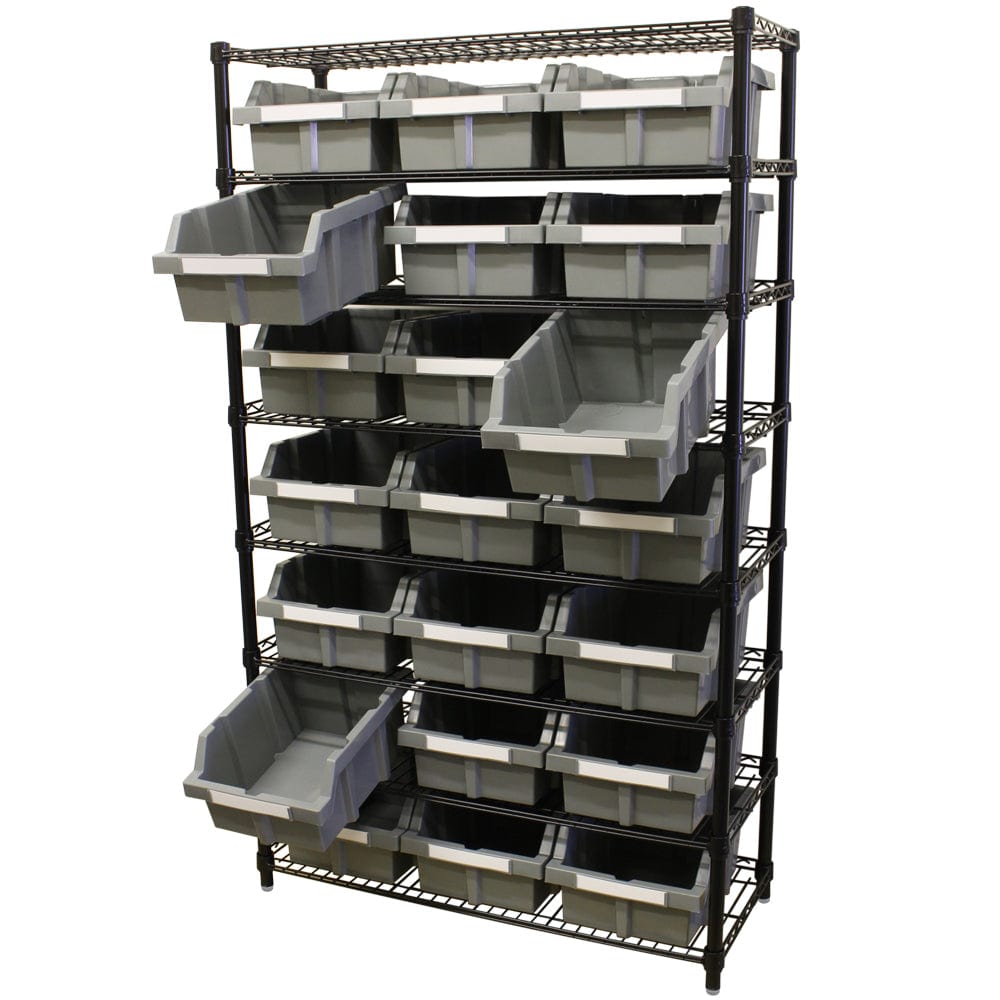 Maxim HD GS - Shelf with drawers MAXIM HD 8 Shelf Commercial Bin Rack with 21 Grey Bins with Levelling Feet