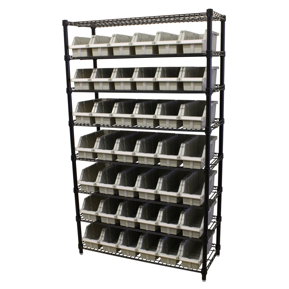 MAXIM HD 8 Shelf Commercial Bin Rack with 42 Grey Bins on Levelling Fe ...