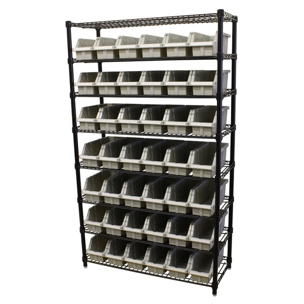 Maxim HD GS - Shelf with drawers MAXIM HD 8 Shelf Commercial Bin Rack with 42 Grey Bins on Levelling Feet