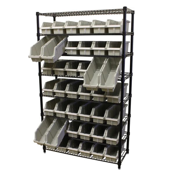 Maxim HD GS - Shelf with drawers MAXIM HD 8 Shelf Commercial Bin Rack with 42 Grey Bins on Levelling Feet