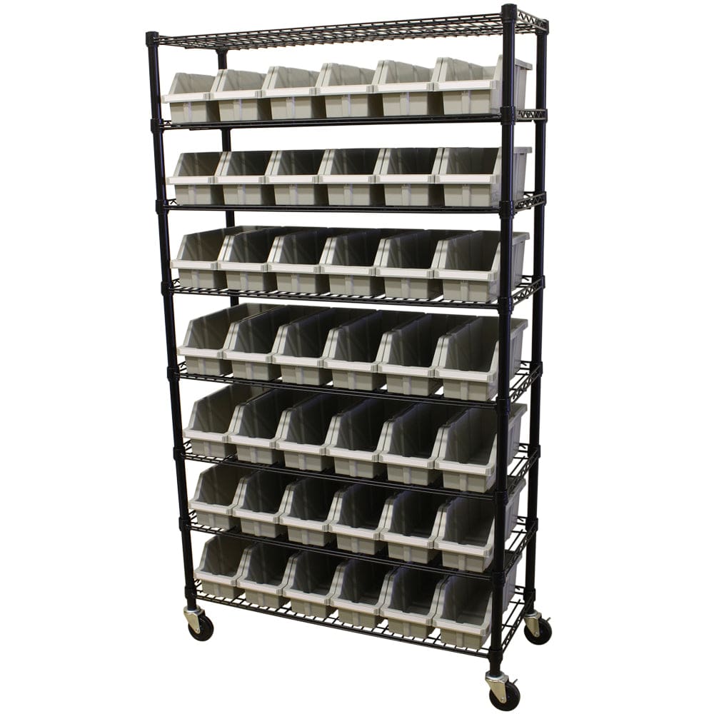 Maxim HD GS - Shelf with drawers MAXIM HD 8 Shelf Commercial Bin Rack with 42 Grey Bins Wheels Mobile