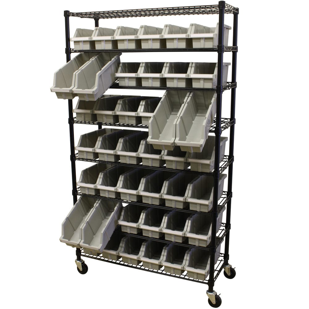 Maxim HD GS - Shelf with drawers MAXIM HD 8 Shelf Commercial Bin Rack with 42 Grey Bins Wheels Mobile