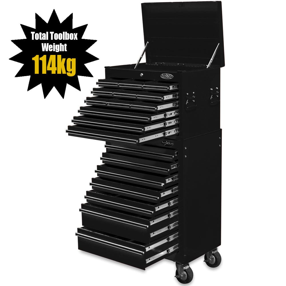 Maxim Pro Series 27” Combo - 27” Roll cabinet, 27” Top chest MAXIM 27" Black 19 Drawer Combo Top Tool Chest & Roll Cabinet Toolbox