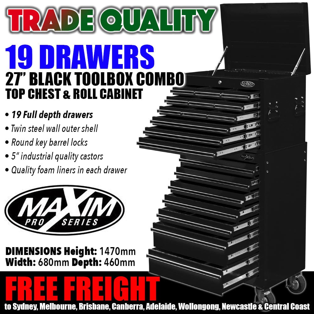 Maxim Pro Series 27” Combo - 27” Roll cabinet, 27” Top chest MAXIM 27" Black 19 Drawer Combo Top Tool Chest & Roll Cabinet Toolbox