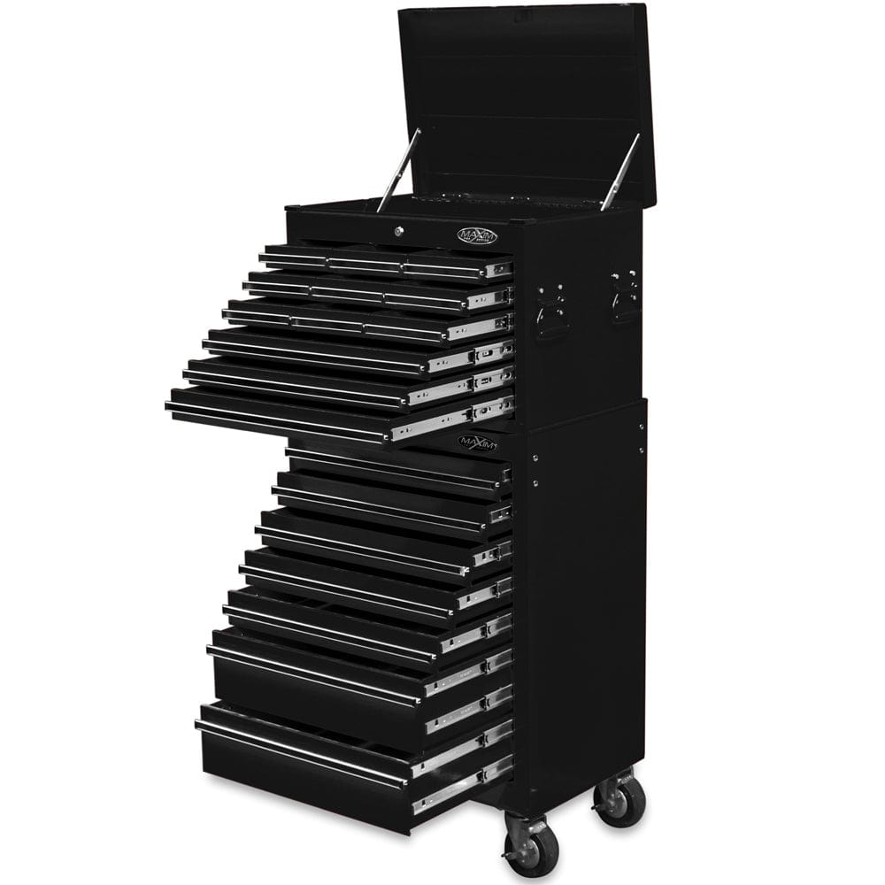 Maxim Pro Series 27” Combo - 27” Roll cabinet, 27” Top chest MAXIM 27" Black 19 Drawer Combo Top Tool Chest & Roll Cabinet Toolbox