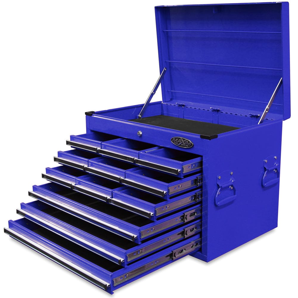 Maxim Pro Series 27” Combo - 27” Roll cabinet, 27” Top chest MAXIM 27" Blue 19 Drawer Combo Top Tool Chest & Roll Cabinet Toolbox