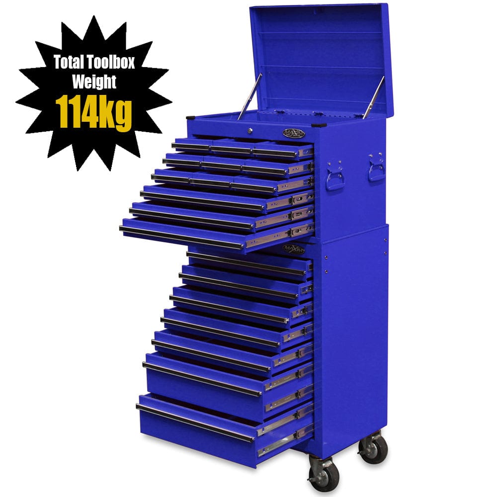 Maxim Pro Series 27” Combo - 27” Roll cabinet, 27” Top chest MAXIM 27" Blue 19 Drawer Combo Top Tool Chest & Roll Cabinet Toolbox