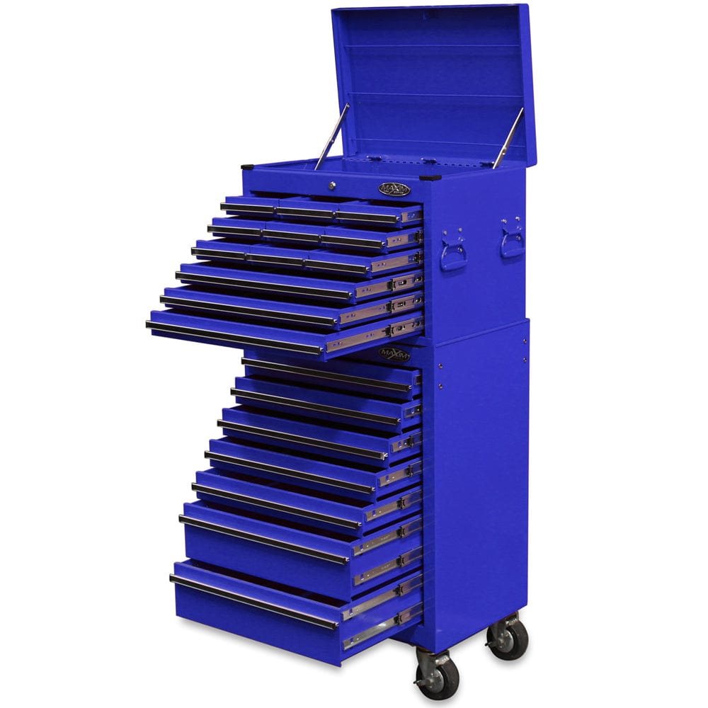 Maxim Pro Series 27” Combo - 27” Roll cabinet, 27” Top chest MAXIM 27" Blue 19 Drawer Combo Top Tool Chest & Roll Cabinet Toolbox