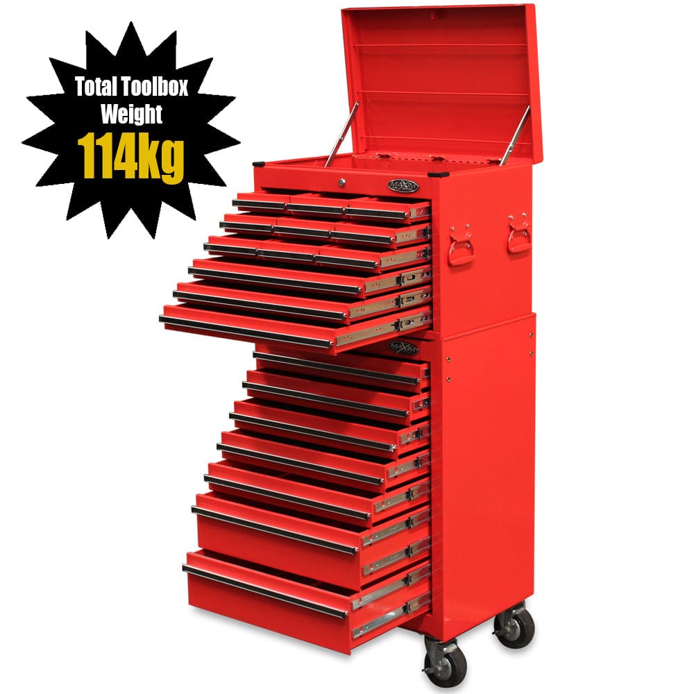 Maxim Pro Series 27” Combo - 27” Roll cabinet, 27” Top chest MAXIM 27" Red 19 Drawer Combo Top Tool Chest & Roll Cabinet Toolbox