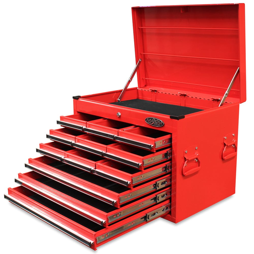 Maxim Pro Series 27” Combo - 27” Roll cabinet, 27” Top chest MAXIM 27" Red 19 Drawer Combo Top Tool Chest & Roll Cabinet Toolbox