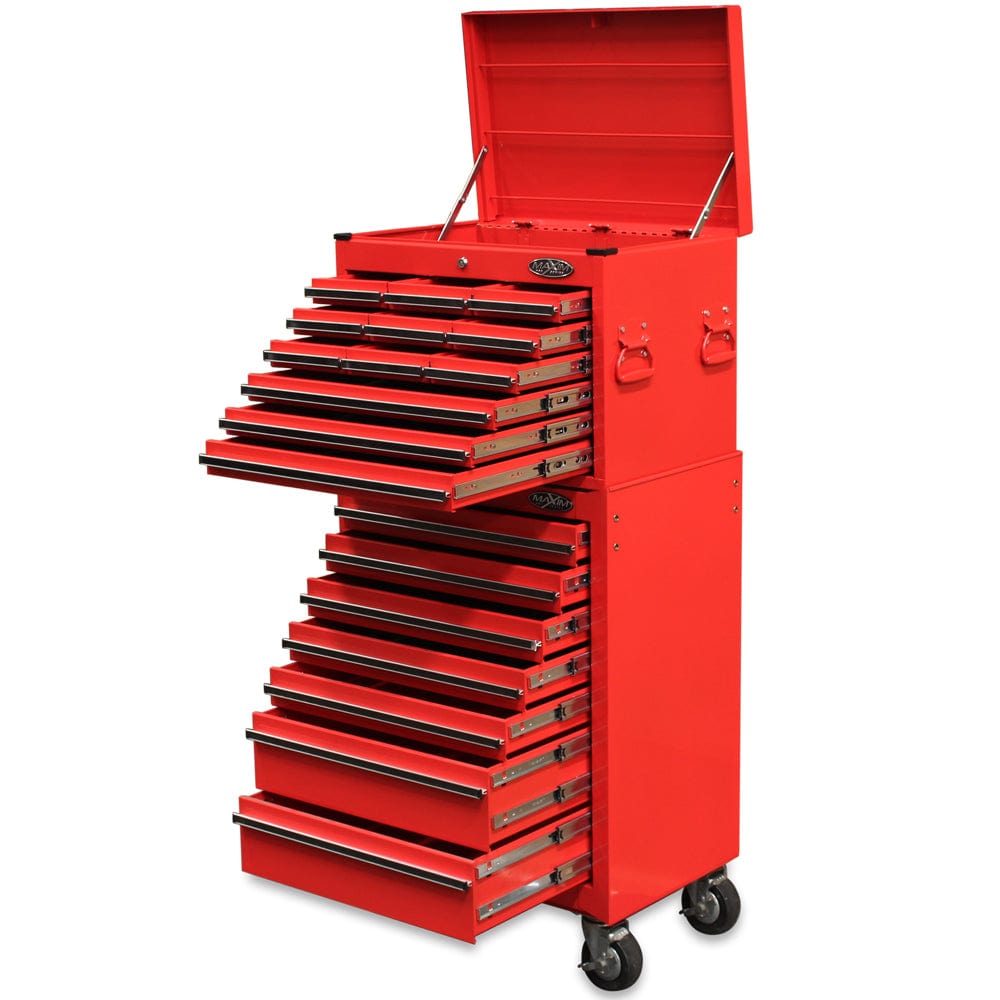 Maxim Pro Series 27” Combo - 27” Roll cabinet, 27” Top chest MAXIM 27" Red 19 Drawer Combo Top Tool Chest & Roll Cabinet Toolbox