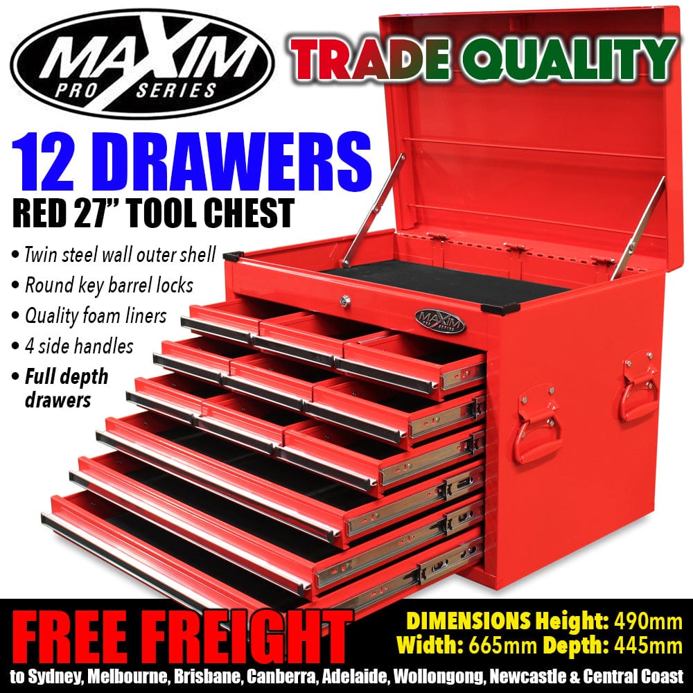 Maxim Pro Series 27” Top chest MAXIM 27" Red 12 Drawer Top Chest Toolbox