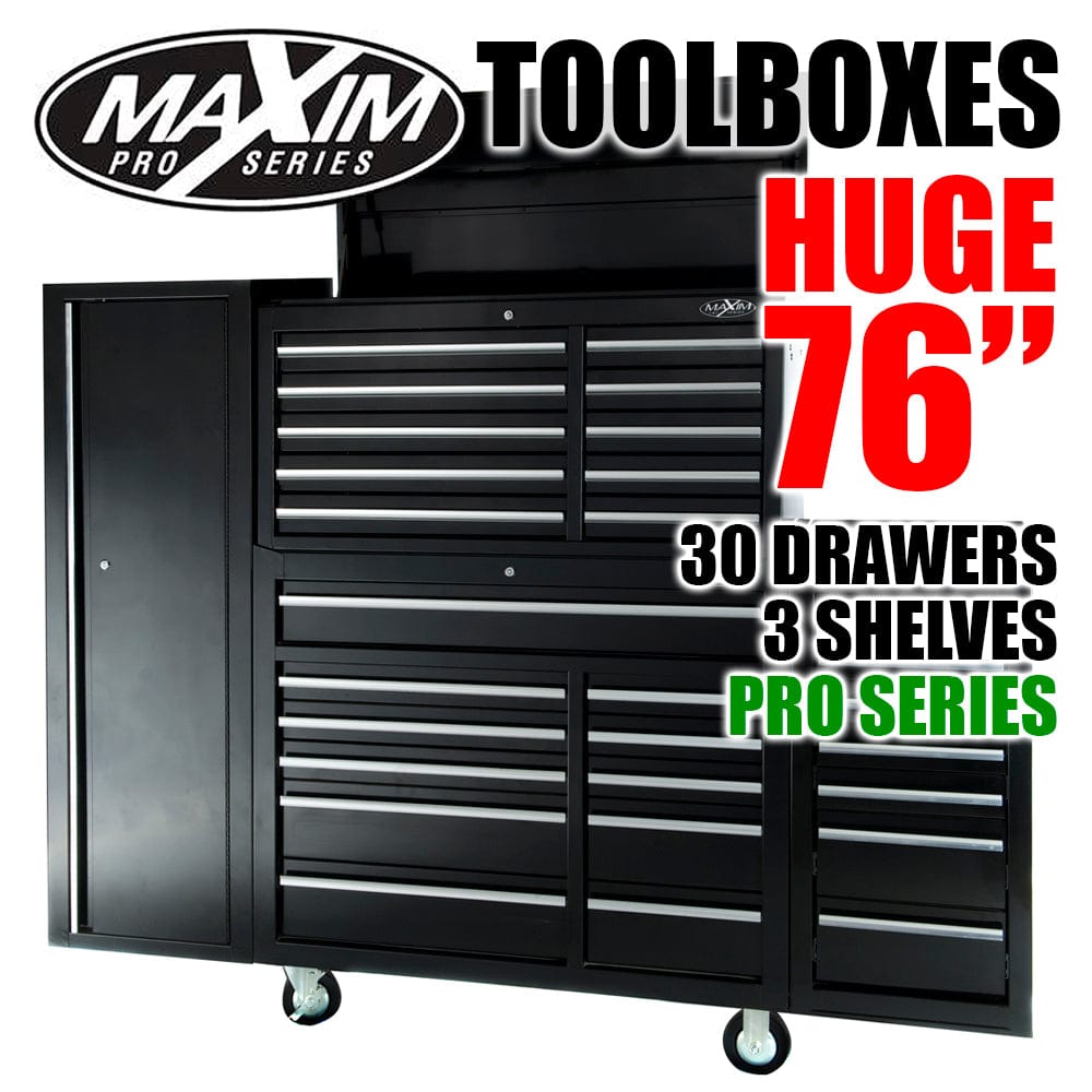 Maxim Pro Series 42” Combo - 42” Roll cabinet, 42” Top chest, 42” Side locker, 42” Side Cabinet MAXIM 76" Black 30 Drawer Combo Tool Box - Top Chest, Roll Cabinet, Locker, Side Cabinet Toolbox