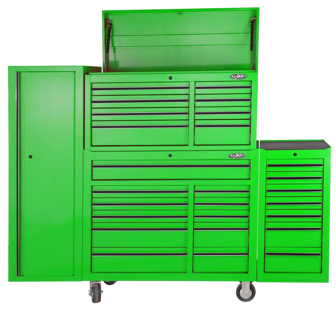 maxim Pro Series 42” Combo - 42” Roll cabinet, 42” Top chest, 42” Side locker, 42” Side Cabinet MAXIM 76" Green 28 Drawer Combo Green Tool Box - Top Chest, Roll Cabinet, Locker, Side Cabinet Toolbox