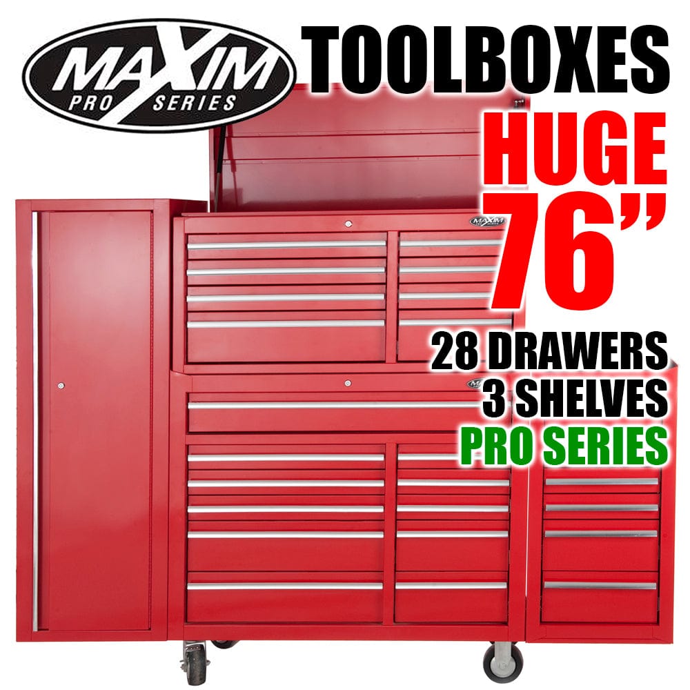 Maxim Pro Series 42” Combo - 42” Roll cabinet, 42” Top chest, 42” Side locker, 42” Side Cabinet MAXIM 76" Red 28 Drawer Combo Tool Box - Top Chest, Roll Cabinet, Locker, Side Cabinet Mechanic Toolbox