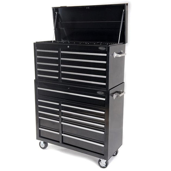 Maxim Pro Series 42” Combo - 42” Roll cabinet, 42” Top chest MAXIM 42" Black 21 Drawer Toolbox Combo Top Chest Roll Cabinet Toolbox with Snap Lock on Drawers