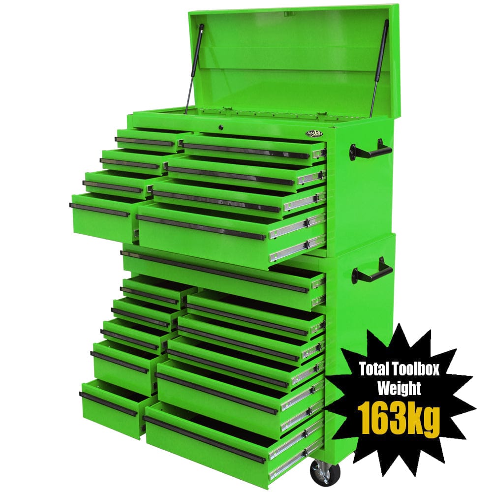 Maxim Pro Series 42” Combo - 42” Roll cabinet, 42” Top chest MAXIM 42" Green 19 Drawer Combo Top Chest Roll Cabinet Toolbox