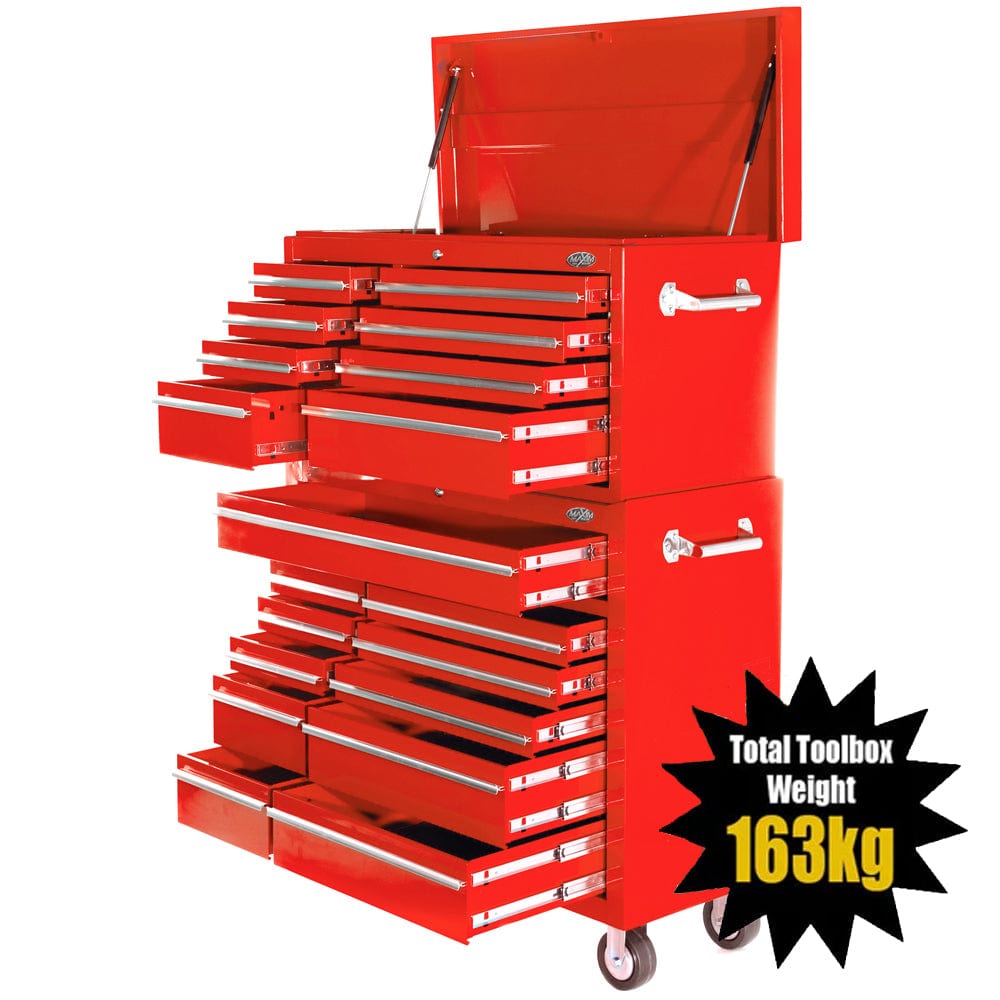 Maxim Pro Series 42” Combo - 42” Roll cabinet, 42” Top chest MAXIM 42" Red 19 Drawer Combo Top Chest Roll Cabinet Toolbox