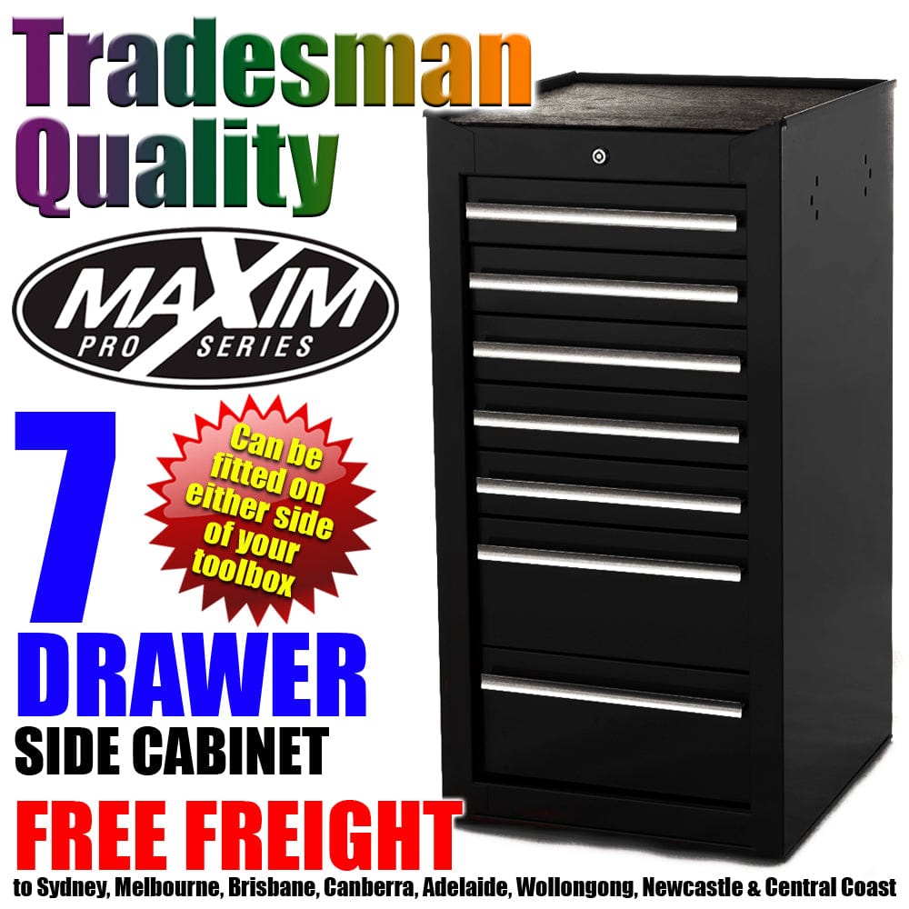 Maxim Pro Series 42” Side Cabinet MAXIM 7 Drawer Black Side Cabinet Toolbox Extension Storage Medium Size Tool Box