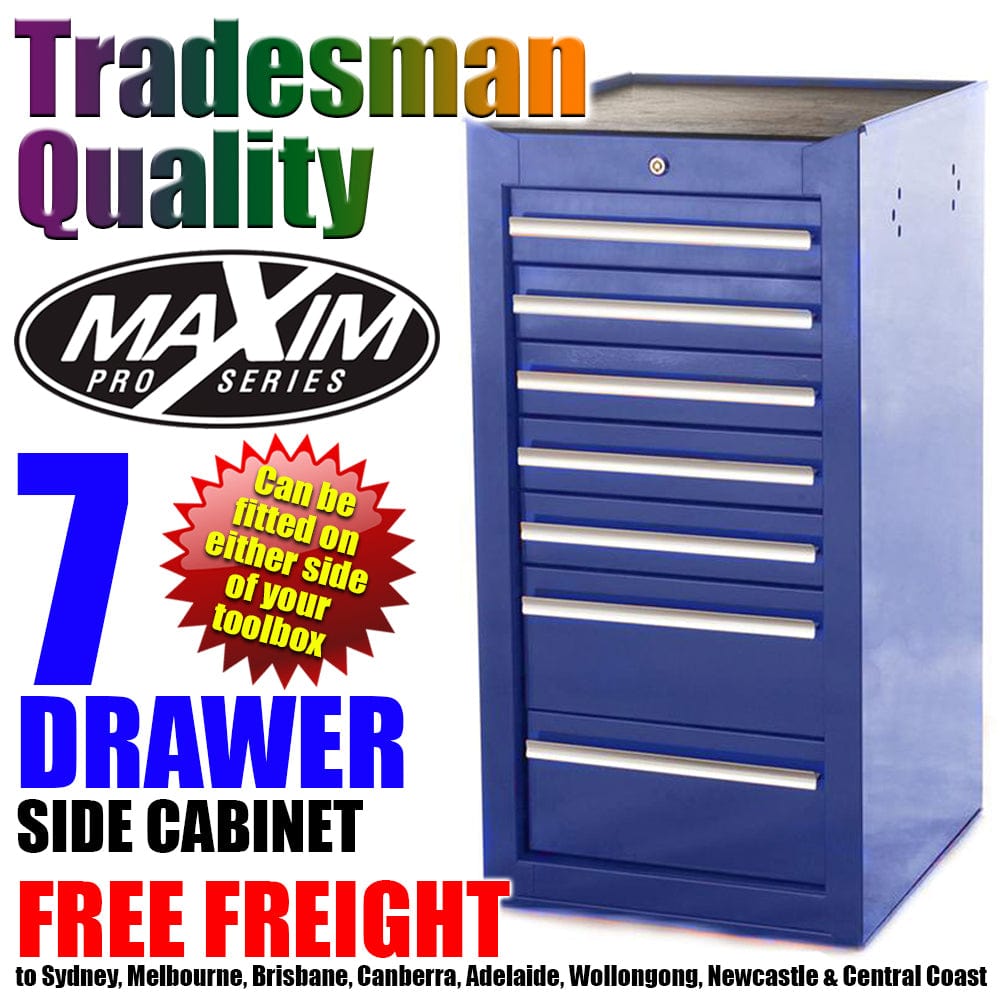 Maxim Pro Series 42” Side Cabinet MAXIM 7 Drawer Blue Side Cabinet Toolbox Extension Storage Medium Size Tool Box